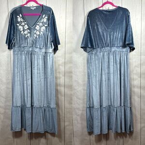 Palagram Plus Size 3XL Velvet Maxi Dress Embroidered Boho Gray Tiered Whimsigoth
